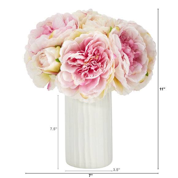 11" Peony Bouquet Artificial Arrangement in White Vase