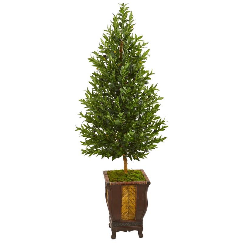 69" Olive Cone Topiary Artificial Tree in Decorative Planter