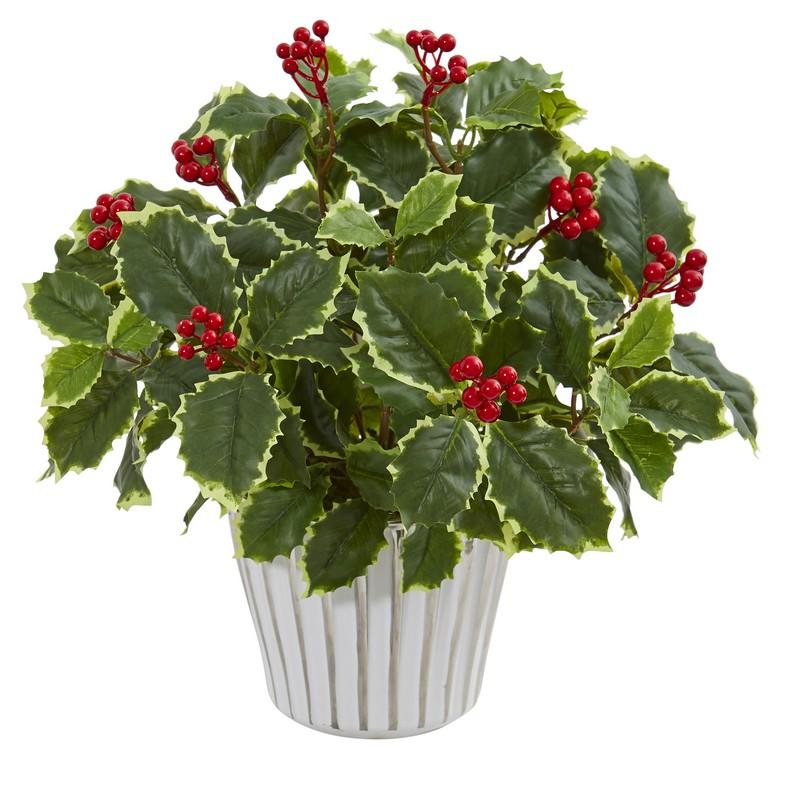 15" Variegated Holly Leaf Artificial Plant in Vase (Real Touch)