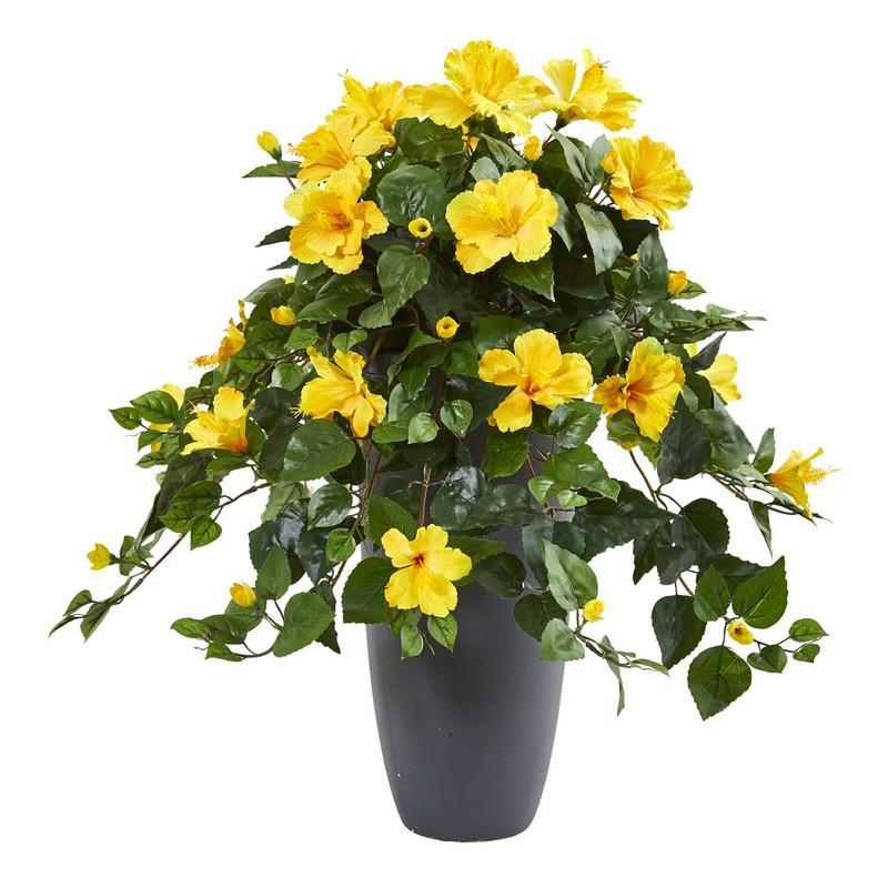 28" Hibiscus Artificial Plant in Gray Planter
