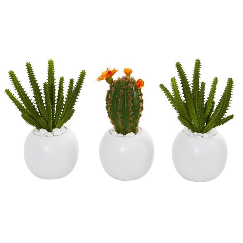 8" Cactus Succulent Artificial Plant in White Planter (Set of 3)