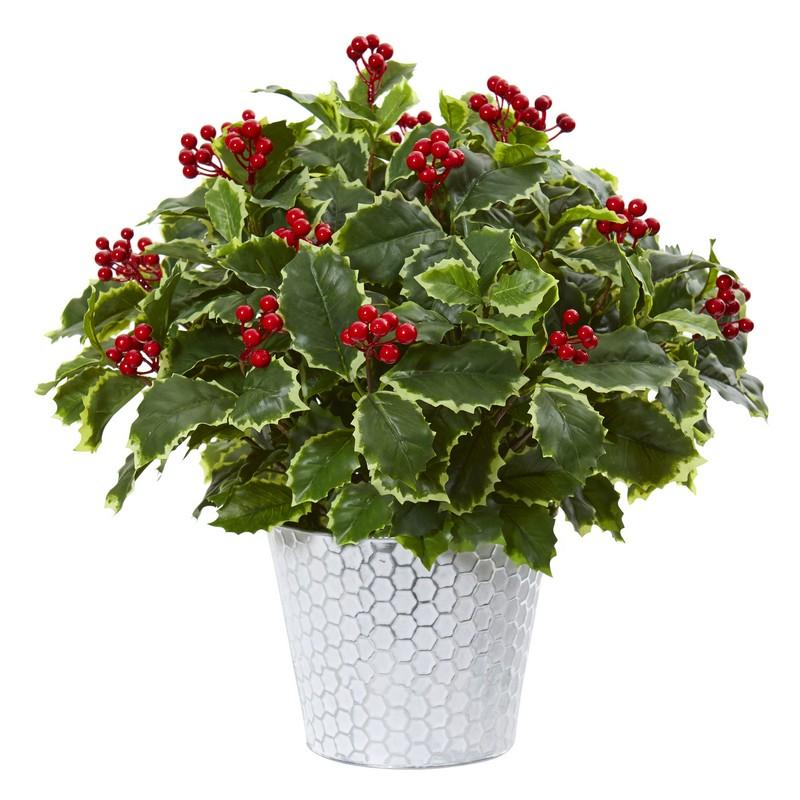 17" Variegated Holly Leaf Artificial Plant in Decorative Planter (Real Touch)