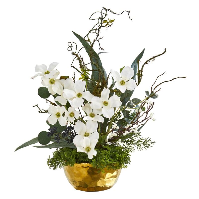 23" Dogwood Artificial Arrangement in Gold Vase