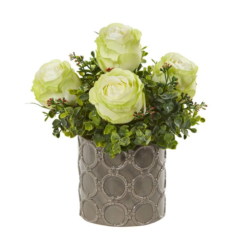 11" Roses and Eucalyptus Artificial Arrangement in Designer Vase