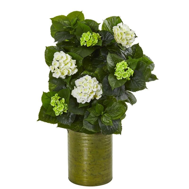 32" Hydrangea Artificial Plant in Metal Green Planter