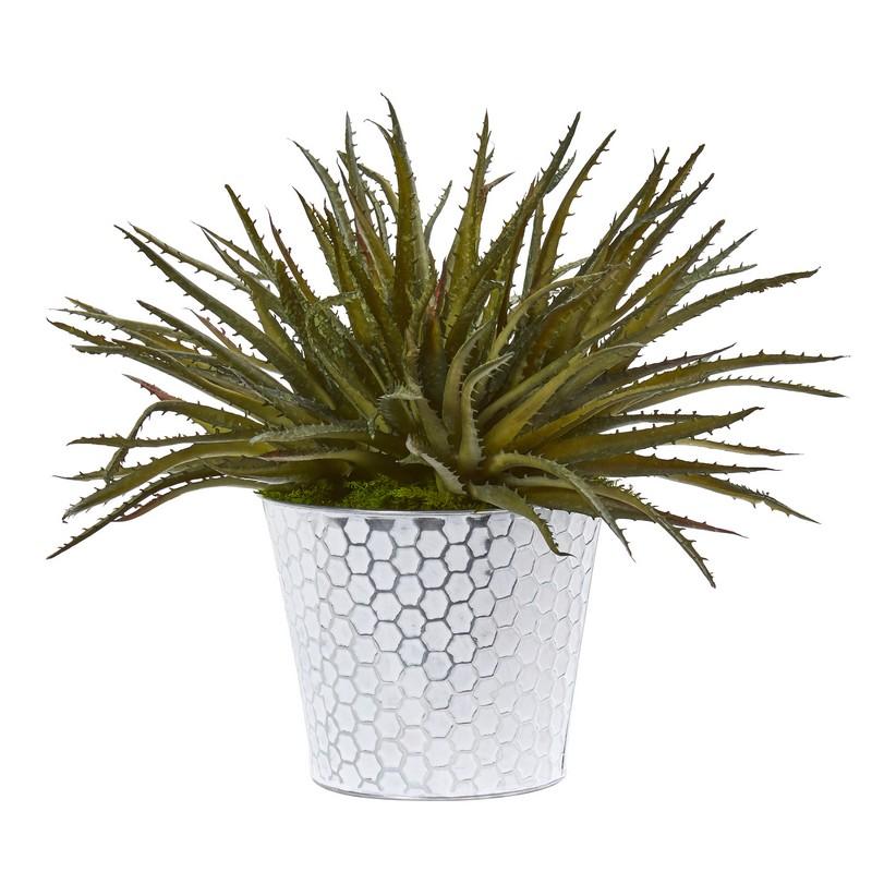 13" Aloe Artificial Plant in White Embossed Planter