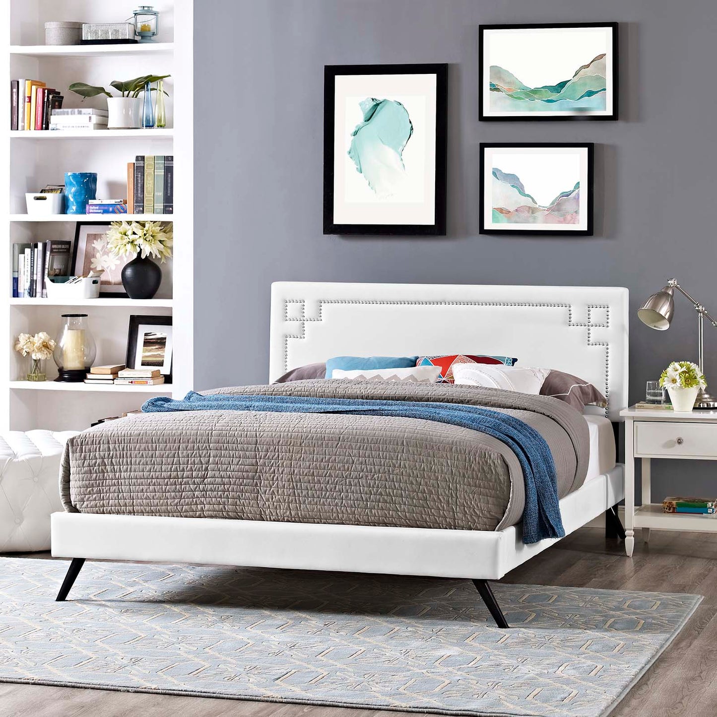 Ruthie Vinyl Full Platform Bed with Round Splayed Legs by Modway