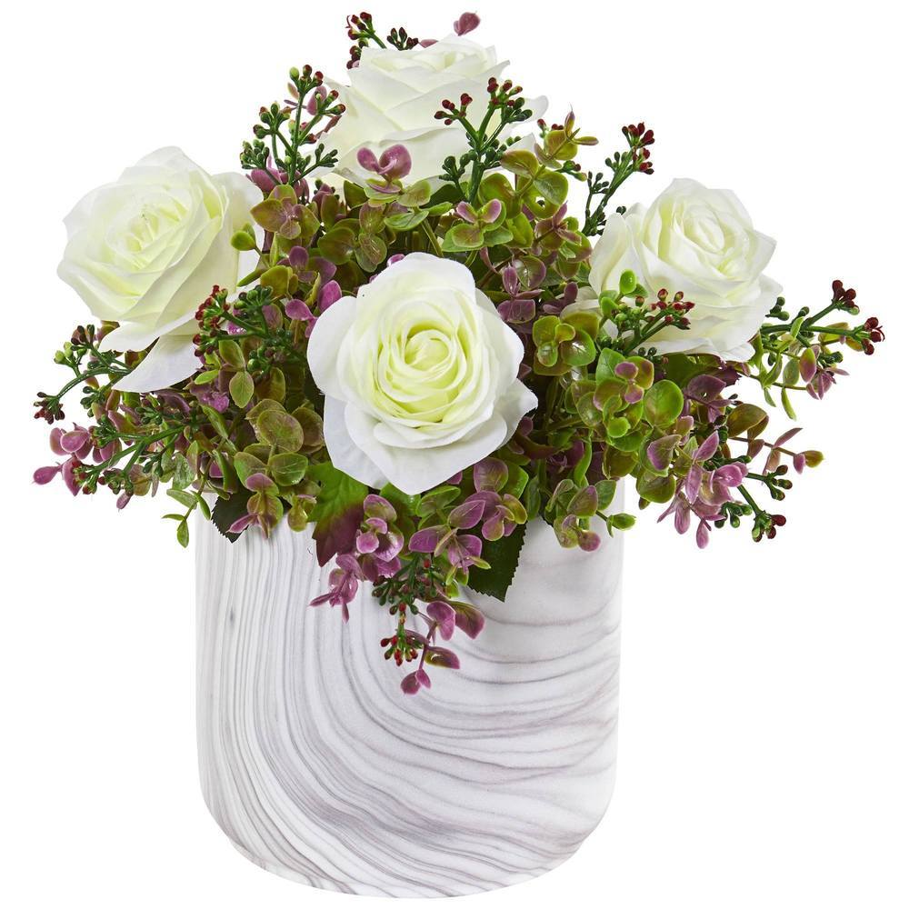 13" Roses & Eucalyptus Artificial Arrangement in Marble Finished Vase