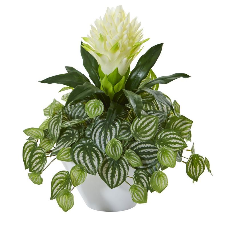 18" Bromeliad & Peperomia Artificial Plant in White Bowl