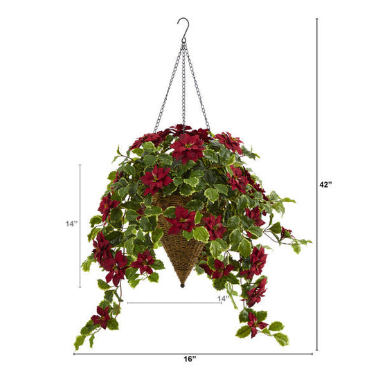 3.5' Poinsettia and Variegated Holly Artificial Plant in Hanging Cone Basket