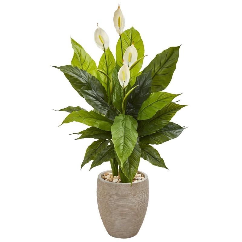 47" Spathiphyllum Artificial Plant in Sand Colored Planter (Real Touch)