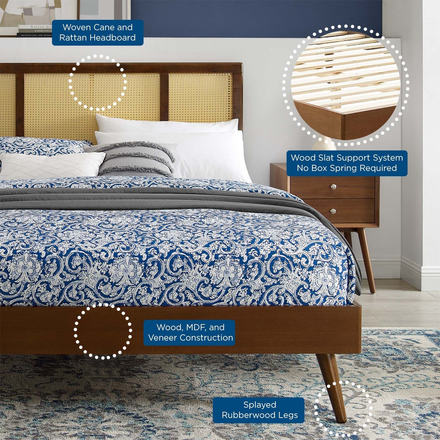 Kelsea Cane and Wood Queen Platform Bed With Splayed Legs by Modway