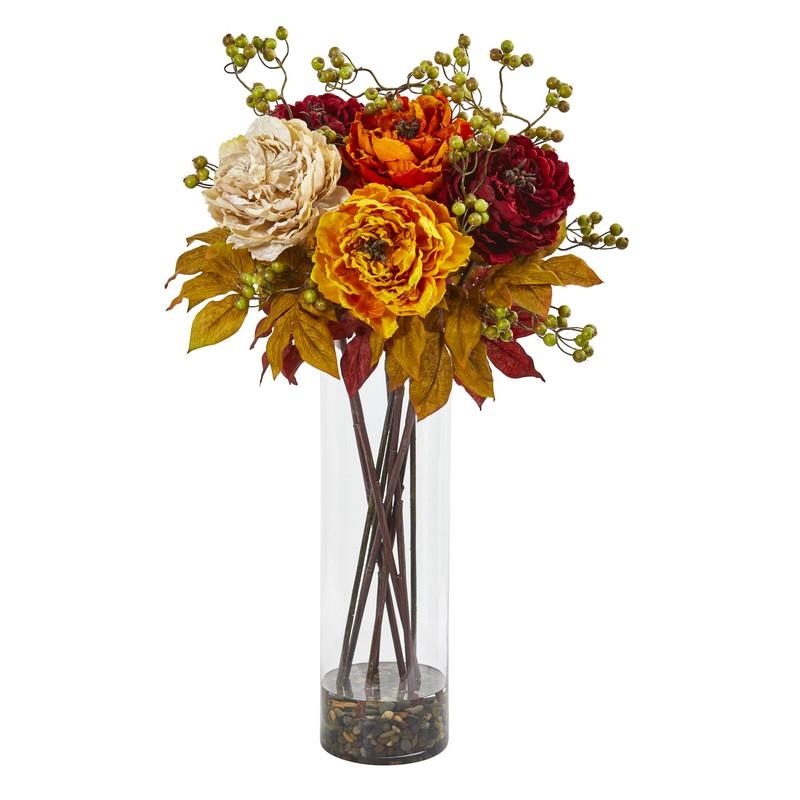 36" Peony and Berries Artificial Arrangement in Large Cylinder Vase