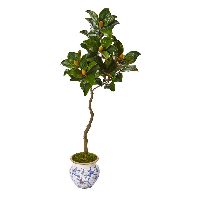 57" Magnolia Artificial Tree in Vintage Floral Planter