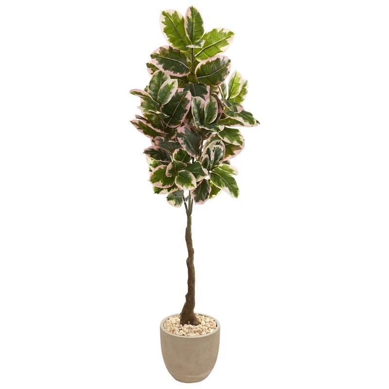 70" Variegated Rubber Leaf Artificial Tree in Sandstone Planter (Real Touch)