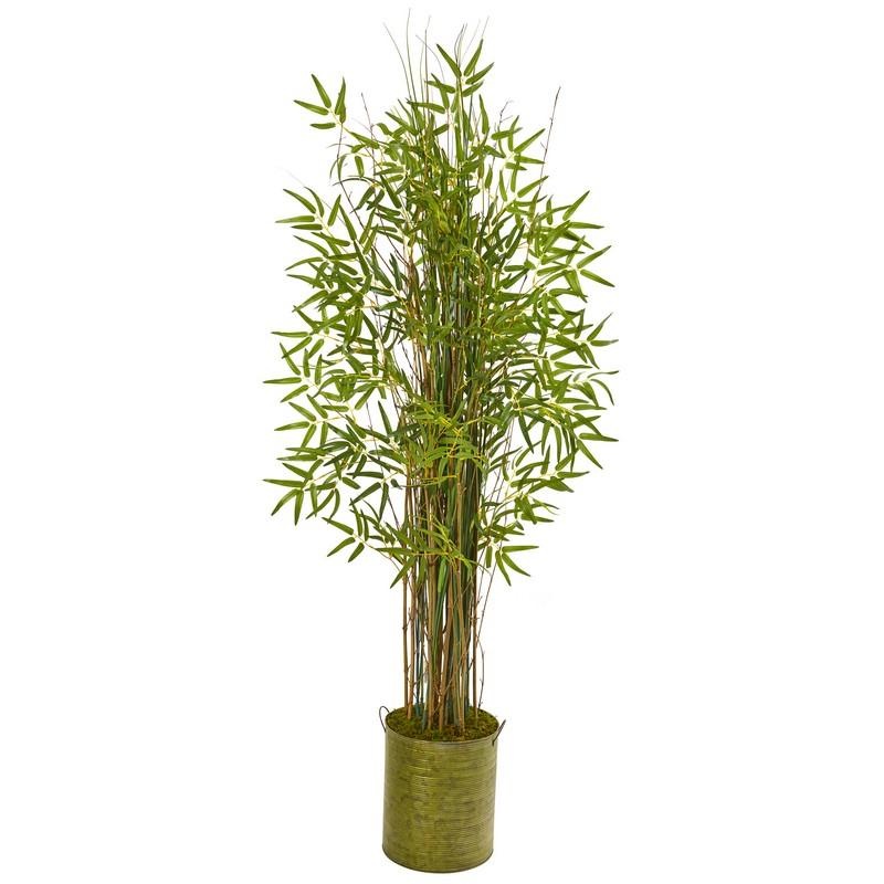 53" Bamboo Grass Artificial Plant in Green Metal Planter