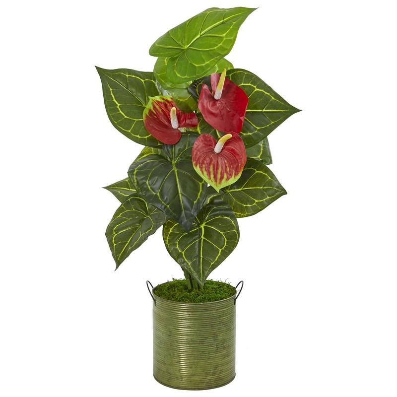 29" Anthurium Artificial Plant in Metal Planter (Real Touch)