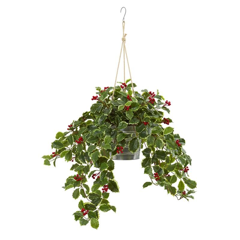 42" Variegated Holly Berry Artificial Plant in Hanging Bucket (Real Touch)