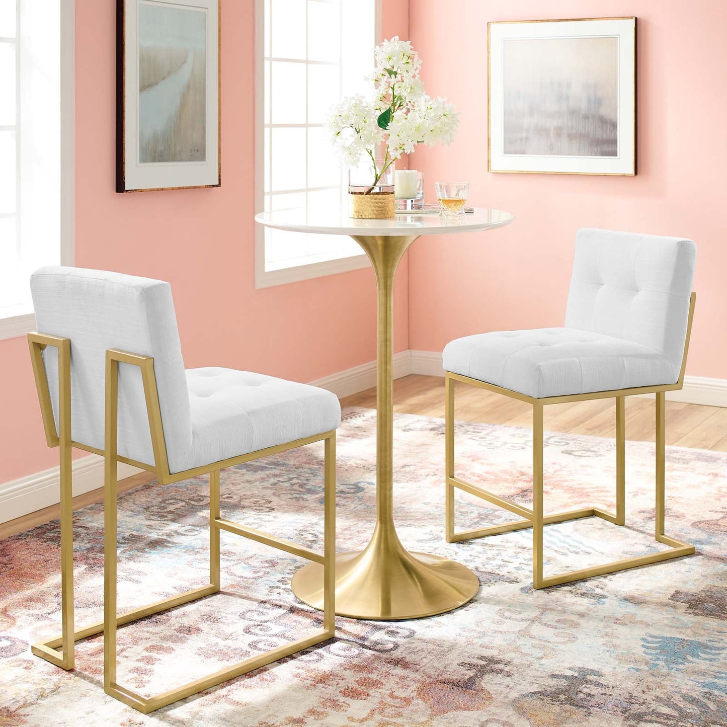 Privy Gold Stainless Steel Upholstered Fabric Counter Stool Set of 2 by Modway