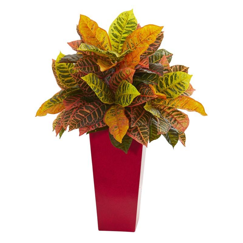27" Croton Artificial Plant in White Tower Planter (Real Touch)