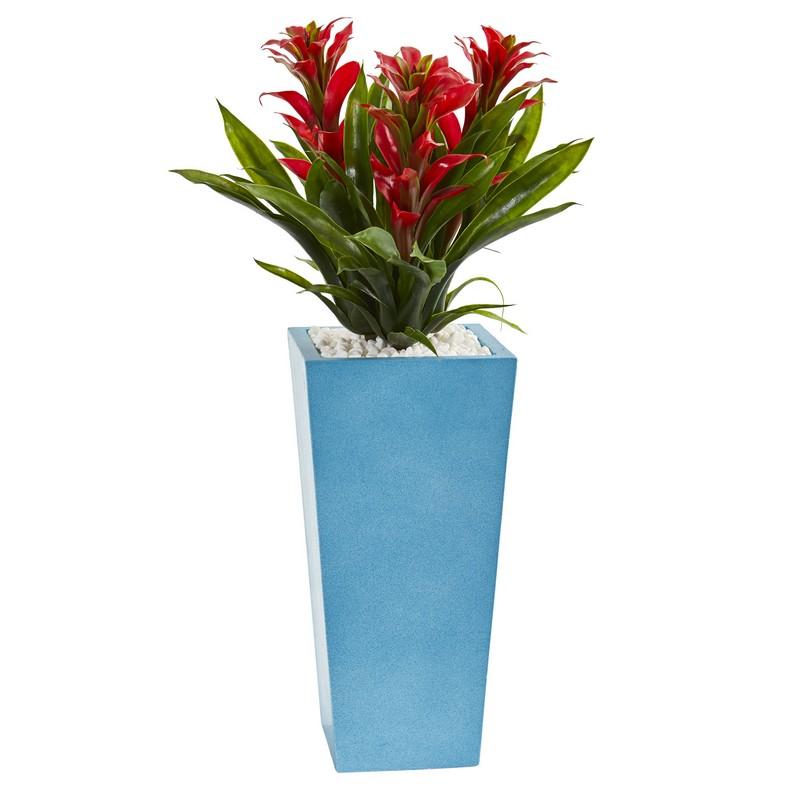 26" Triple Bromeliad Artificial Plant in Turquoise Tower Vase