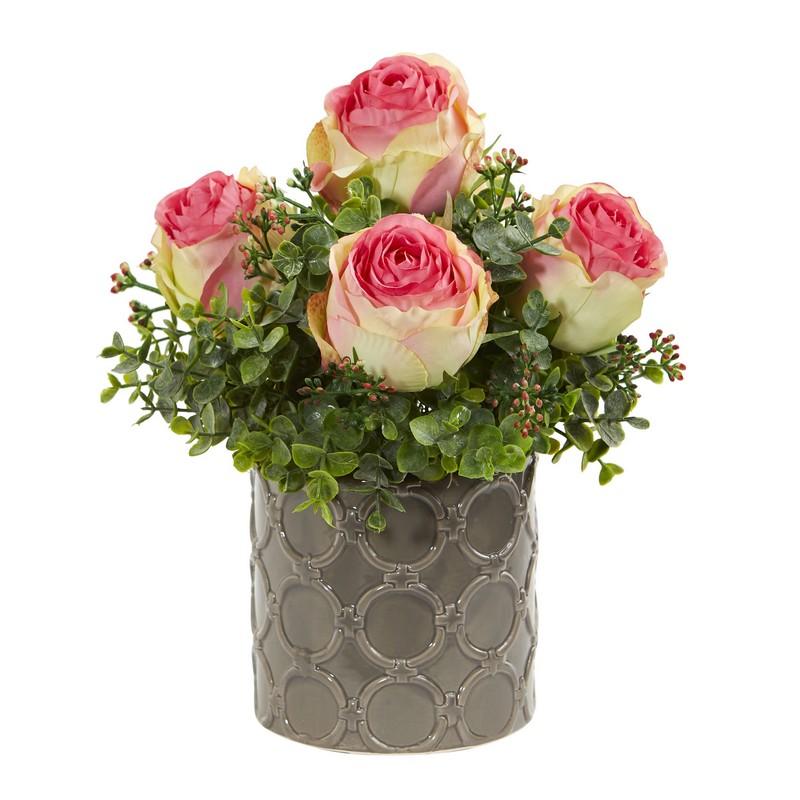 11" Roses and Eucalyptus Artificial Arrangement in Designer Vase