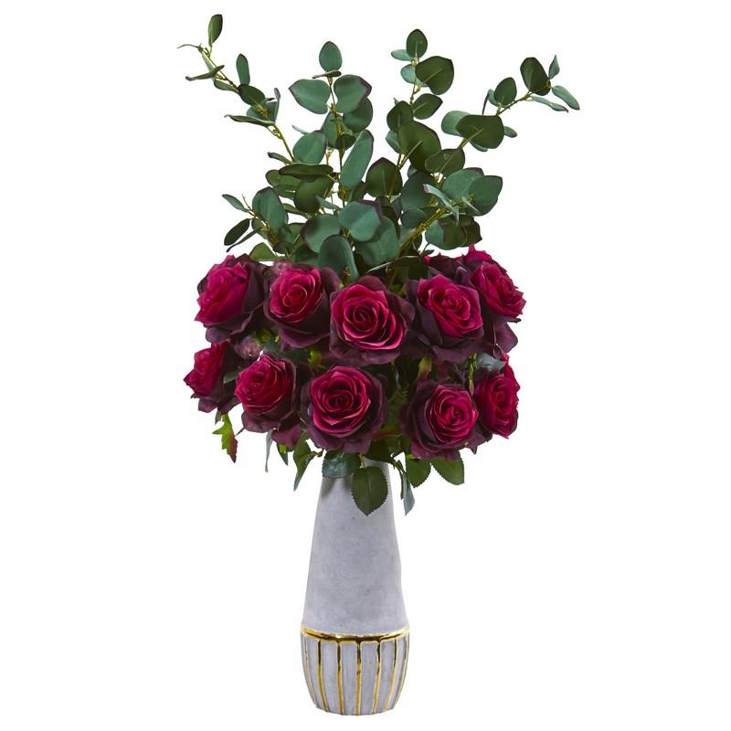 26" Rose and Eucalyptus Artificial Arrangement in Stoneware Vase w/Gold Trim