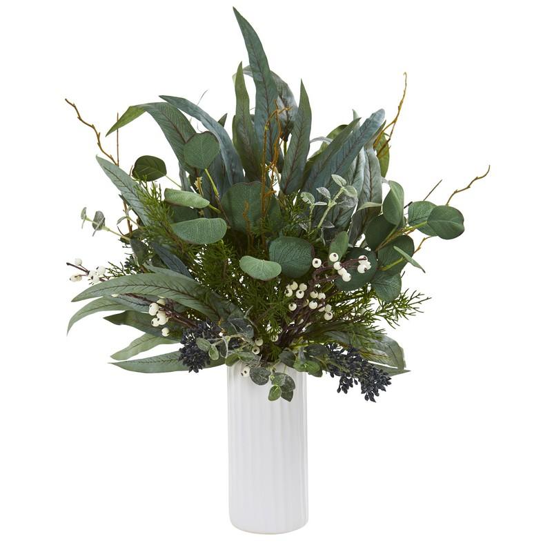 22" Eucalyptus Artificial Plant in White Cylinder Vase