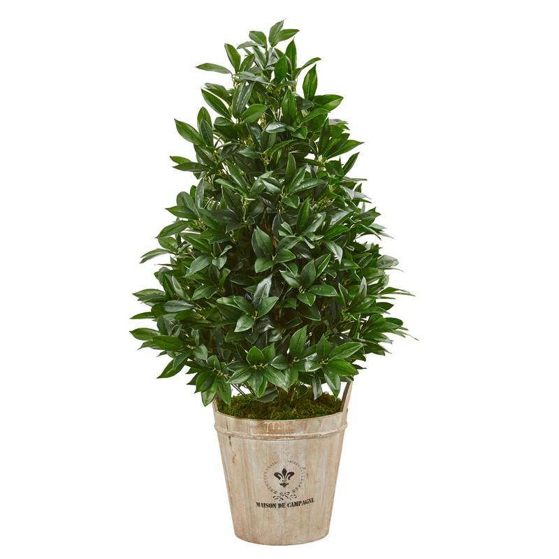 39" Bay Leaf Cone Topiary Artificial Tree in Farmhouse Planter
