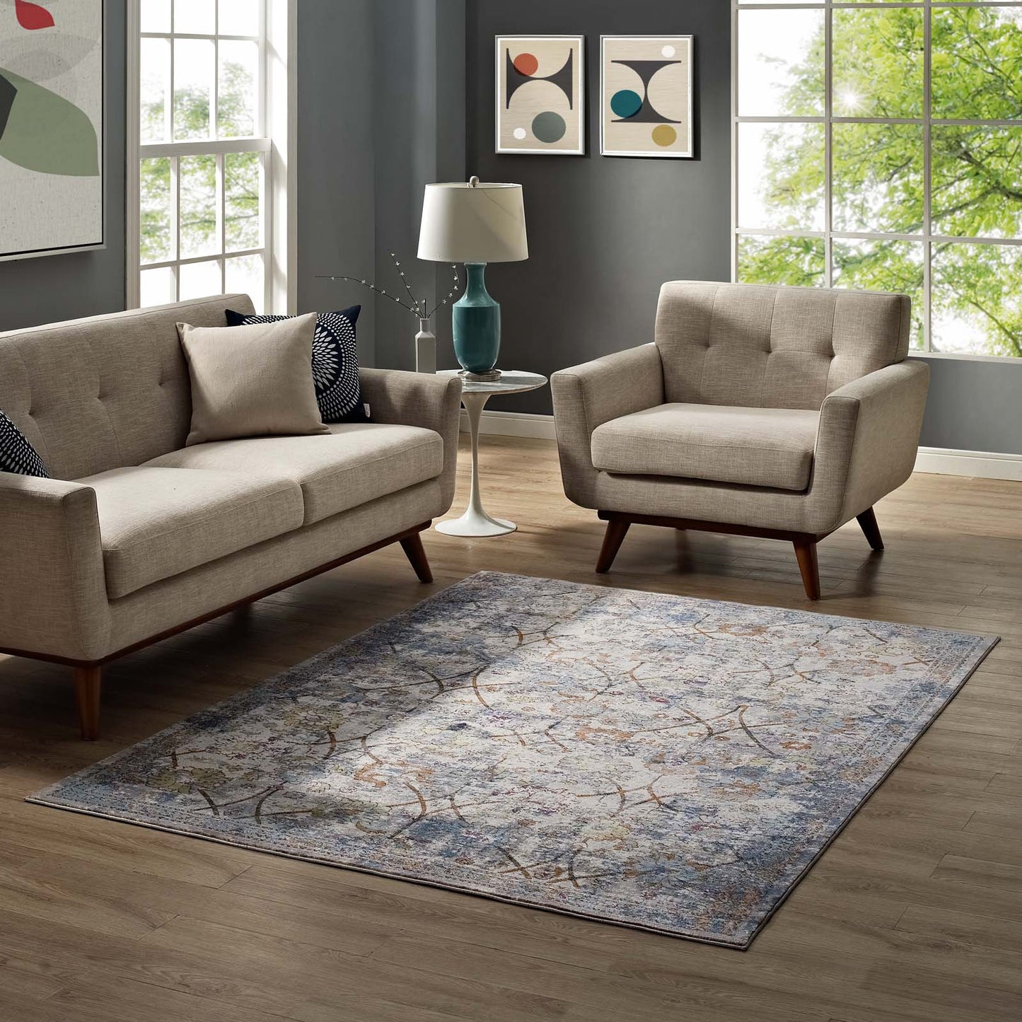 Minu Distressed Floral Lattice 4x6 Area Rug by Modway