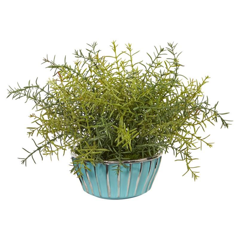 11" Rosemary Artificial Plant in Turquoise Bowl with Silver Trimming