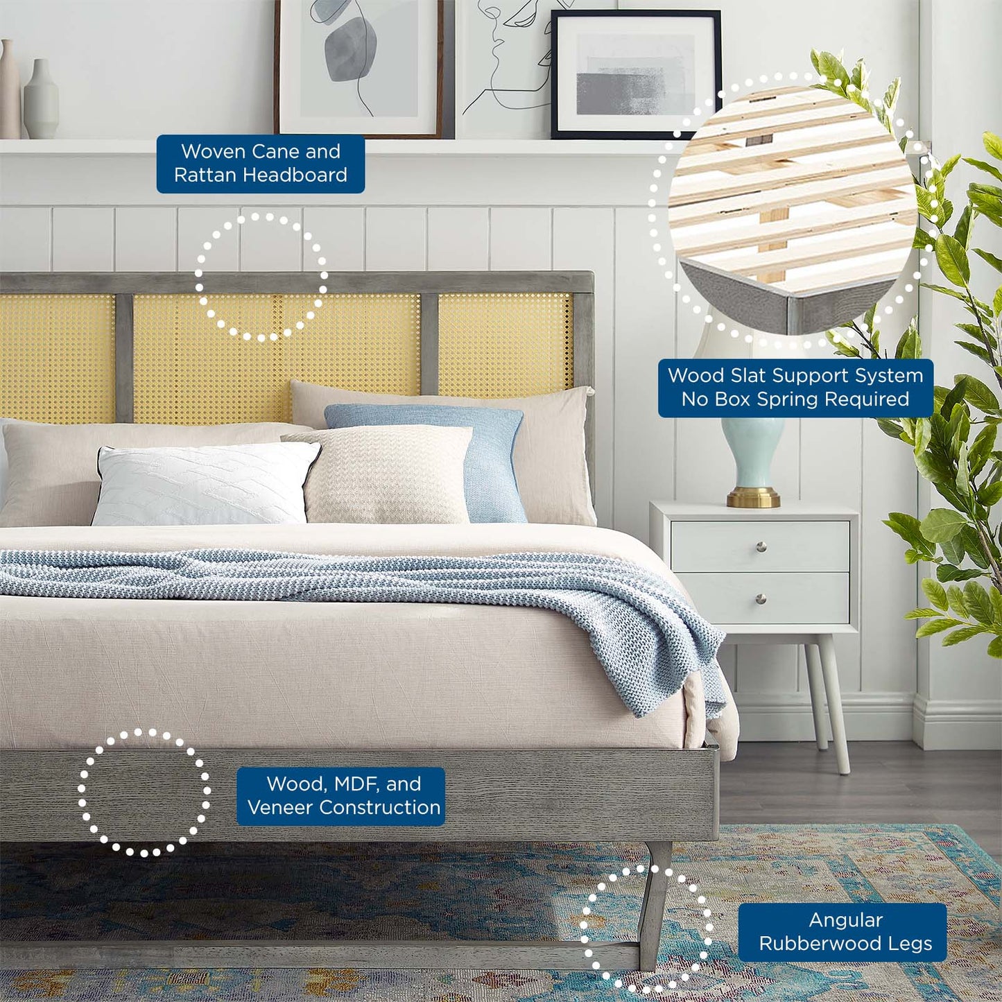 Kelsea Cane and Wood Full Platform Bed With Angular Legs by Modway