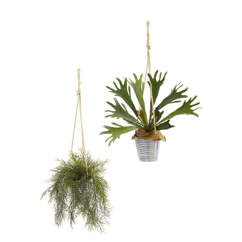 27" Tillandsia Moss and Staghorn Artificial Plant in Hanging Bucket (Set of 2)