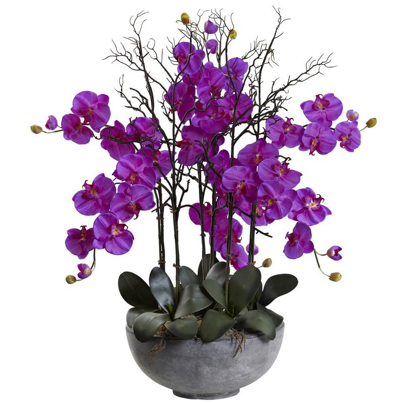 46" Giant Phalaenopsis Orchid Artificial Arrangement in Cement bowl