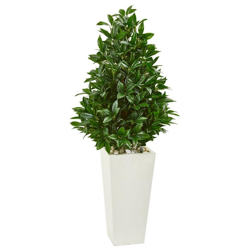 4' Bay Leaf Cone Topiary Artificial Tree in White Tower Planter UV Resistant