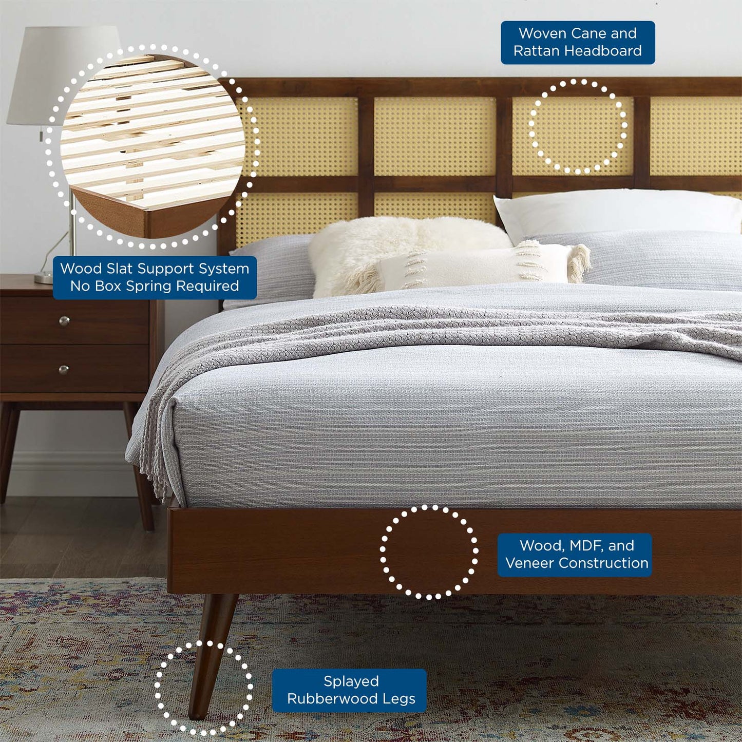 Sidney Cane and Wood King Platform Bed With Splayed Legs by Modway
