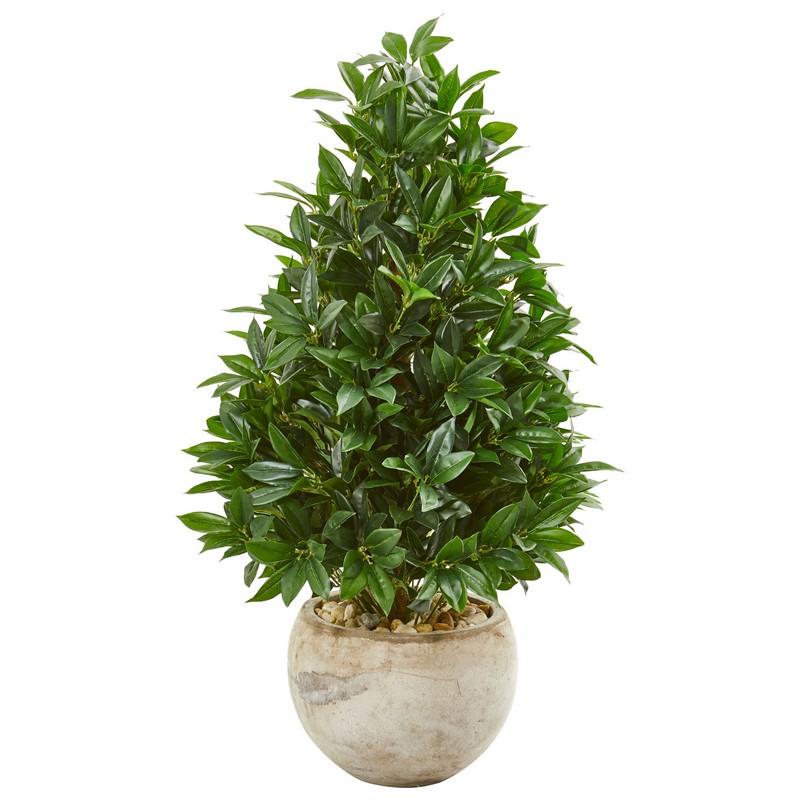 38" Bay Leaf Cone Topiary Artificial Tree in Bowl Planter UV Resistant