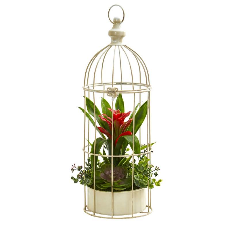 19" Bromeliad & Succulent Artificial Arrangement in Bird Cage