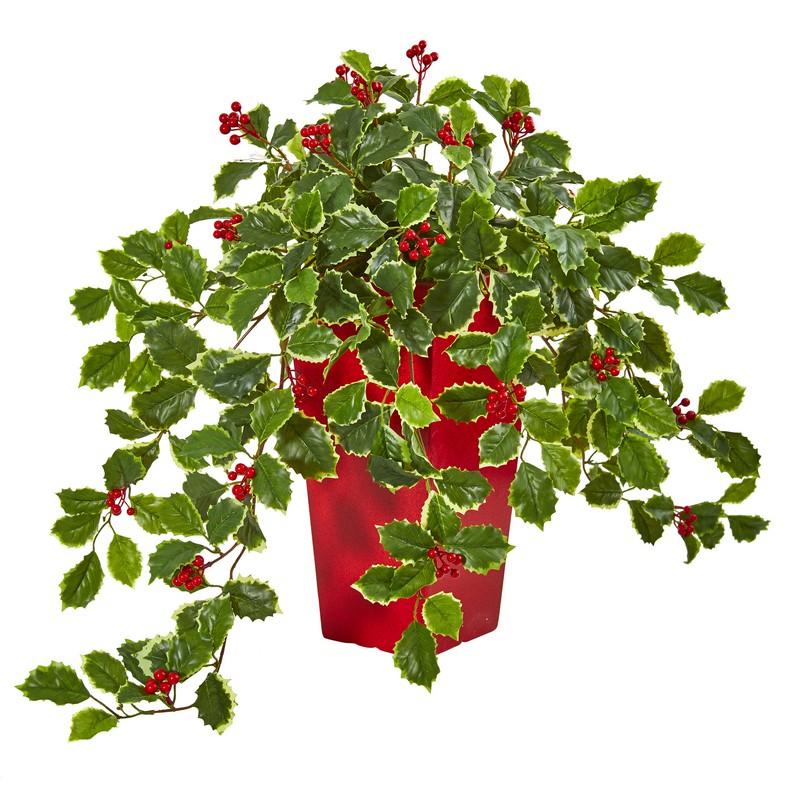 23" Variegated Holly with Berries Artificial Plant in Red Planter (Real Touch)