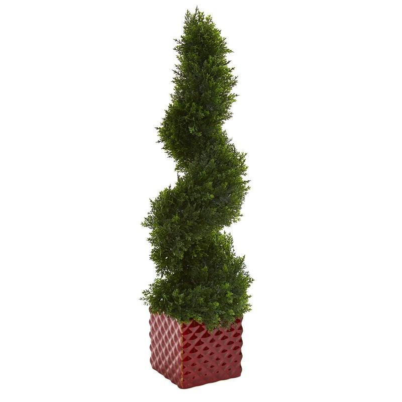 26" Cedar Spiral Artificial Topiary Tree in Red Ceramic Cube