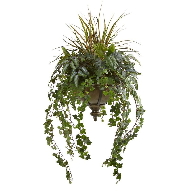 45" Ivy and Mix Greens Artificial Plant in Hanging Metal Bowl