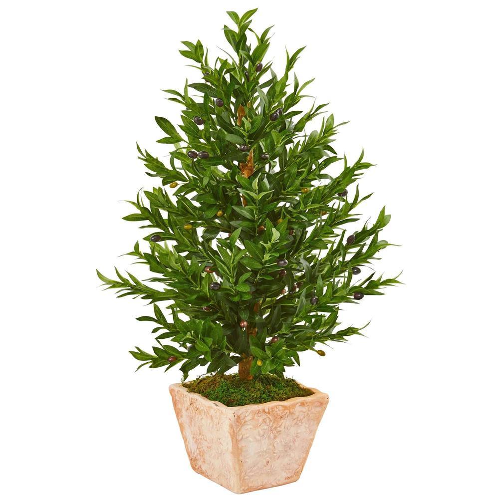 35" Olive Cone Topiary Artificial Tree in Terra Cotta Planter UV Resistant