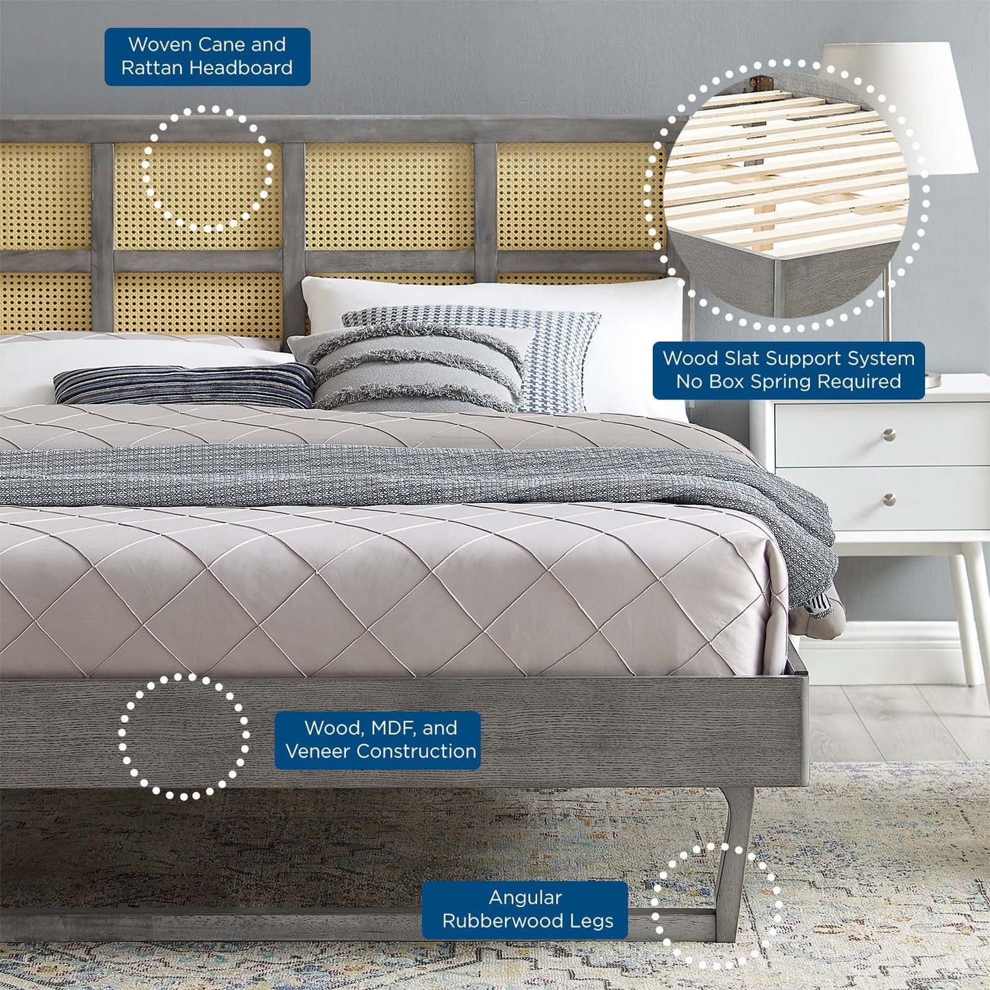 Sidney Cane and Wood Queen Platform Bed With Angular Legs by Modway