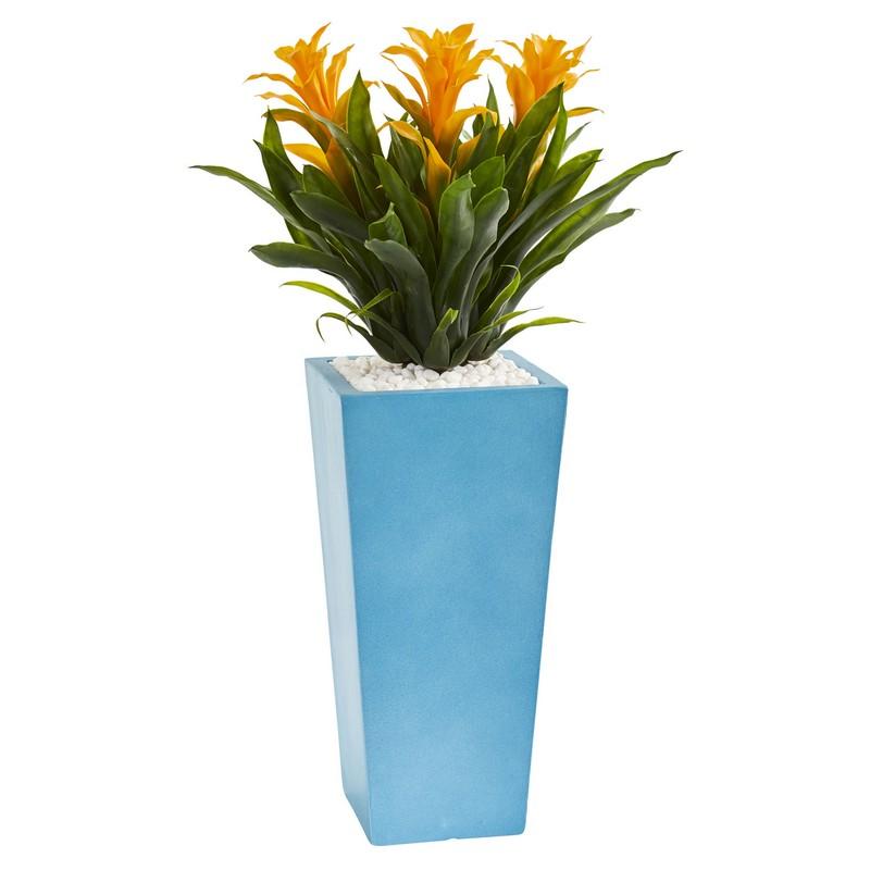 26" Triple Bromeliad Artificial Plant in Turquoise Tower Vase