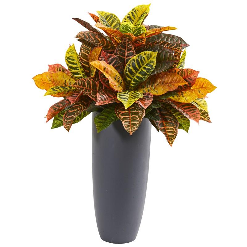 30" Garden Croton Artificial Plant in Gray Planter (Real Touch)