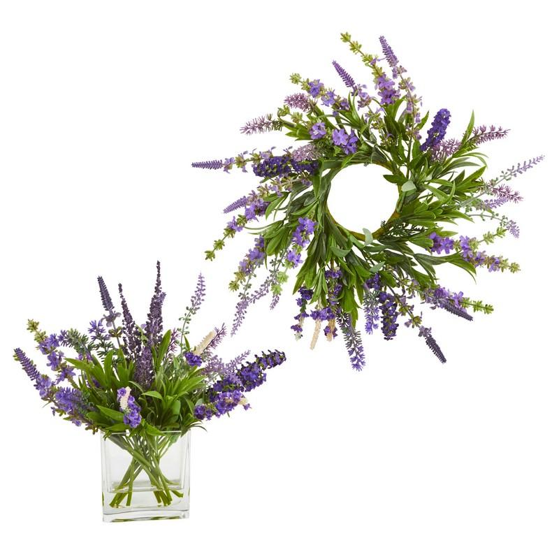 12'' Lavender Arrangement and 14" Lavender Wreath (Set of 2)