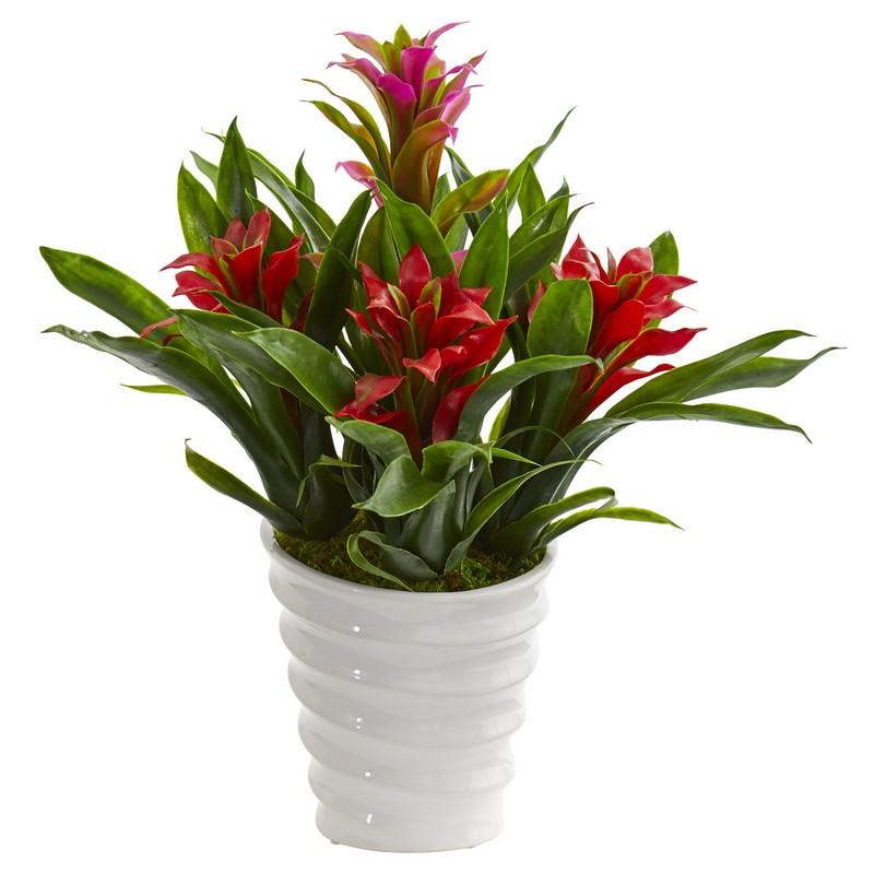 Bromeliad Artificial Plant in White Vase