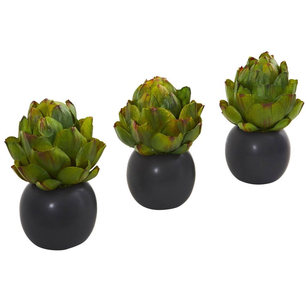 7" Artichoke Artificial Plant in Black Vase (Set of 3)