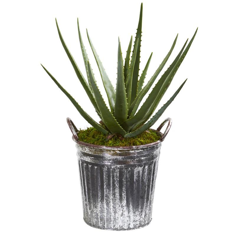 25" Aloe Artificial Plant in Vintage Metal Bucket