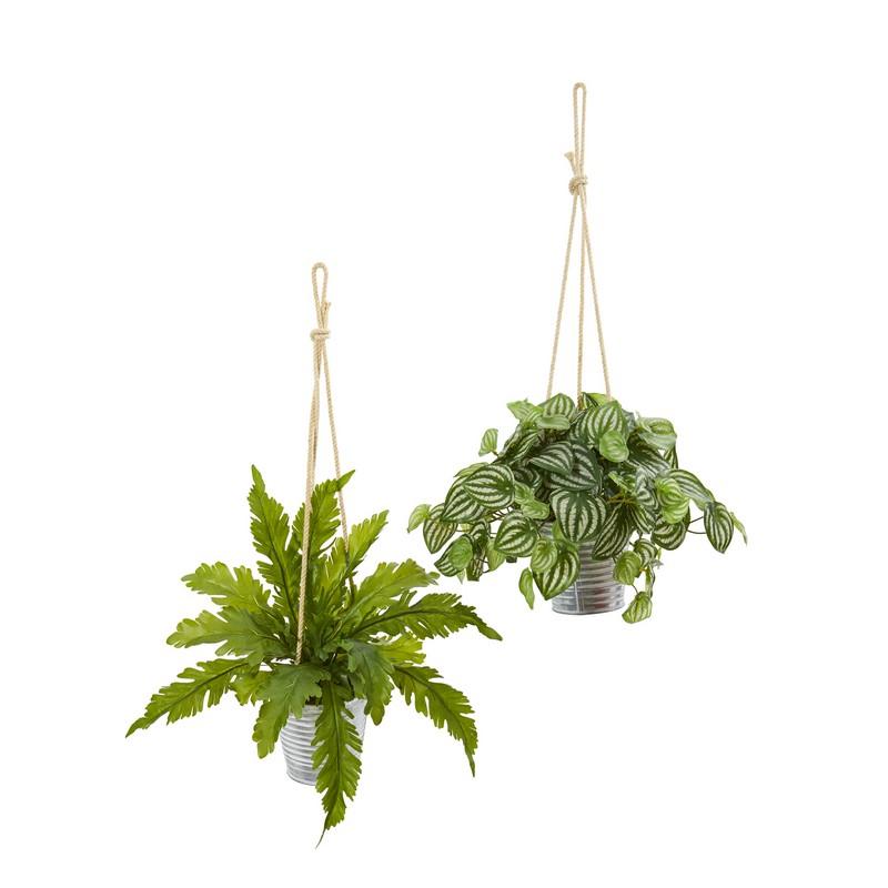 26" Watermelon Peperomia and Fern Artificial Plant in Hanging Bucket (Set of 2)